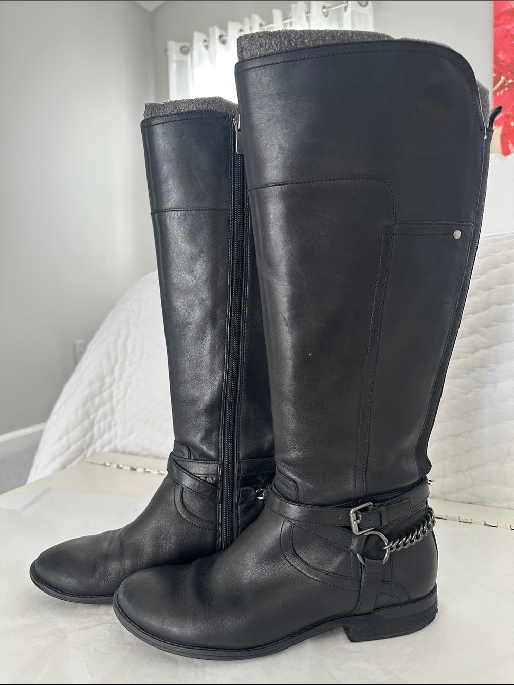 Marc Fisher Black Over-the-Knee Leather Boots with Chain Accent